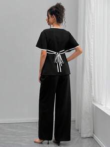 Momance Elegant Solid Color Fitted Shirt And Straight Leg Pants 2 Pieces Maternity Set - Black - View 4