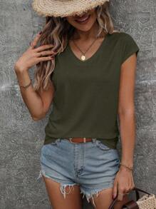 SHEIN LUNE Solid Batwing Sleeve Tee - Army Green - View 3