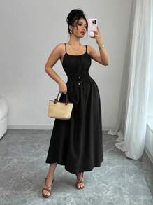 Elenzga 女式休闲万圣节舒适合身腰部无袖吊带连衣裙，春夏 - 黑色 - 查看 6