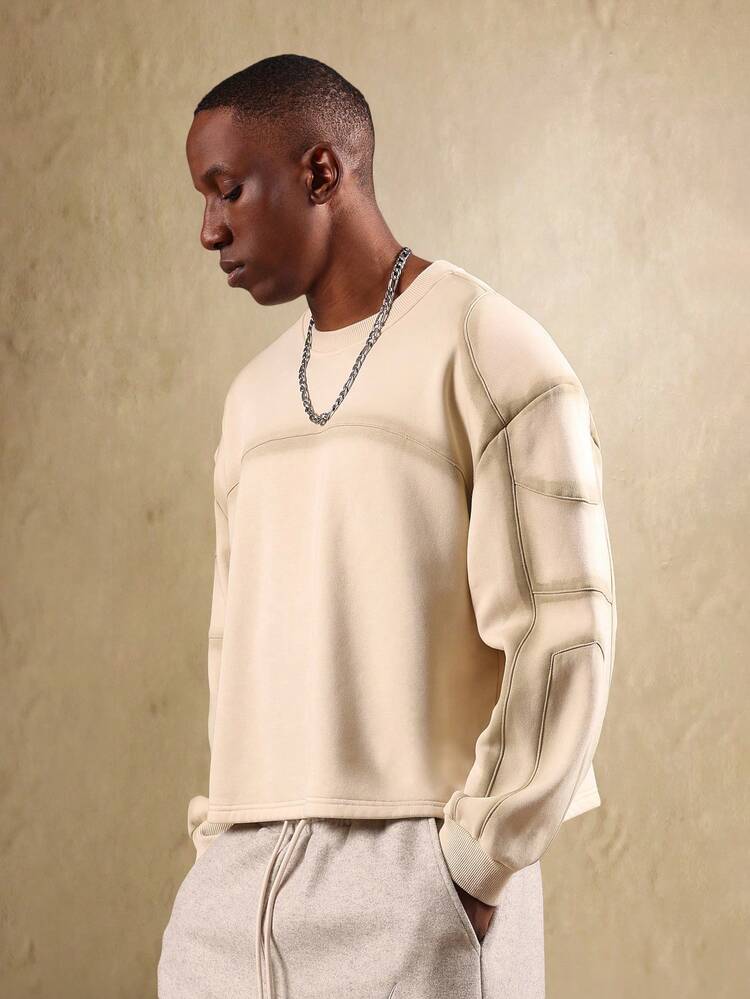 Oversized Panel Sleeve Sweatshirt With Ribbed Details And Crew Neck