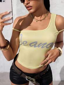 Jeanoix Summer Fashion Letter Print Asymmetric Collar Blouse