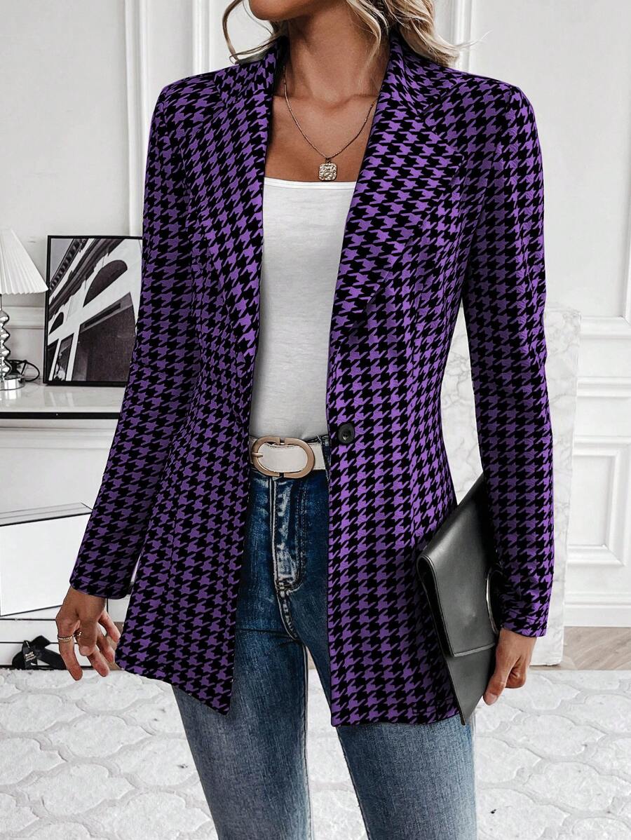 SHEIN Clasi Blazer de talle ceñido con estampado de pata de gallo de moda para otoño/invierno - Morado - Ver 1