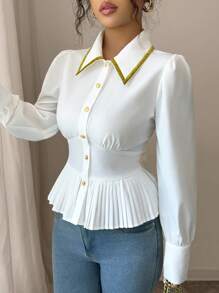 Elenzga Camicia da donna con orlo arricciato, manica lunga, bianca - Bianco - Visualizzare 3