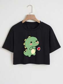 INAWLY Cartoon Dinosaur Print Crop Tee Graphic Tees Women Tops - Black - View 1