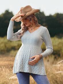 SHEIN Pull de maternité à manches longues en tricot câblé froncé de couleur unie - Gris - Voir 1