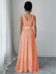 Lyxana 无袖 V 领收腰 A 字型优雅浪漫女士派对连衣裙长款女装 - 珊瑚粉 - 查看 2