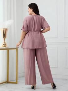 Modelyn Plus Size Women's Contrast Lace Short Sleeve Button Up Top And Pants Arabian Style Suit