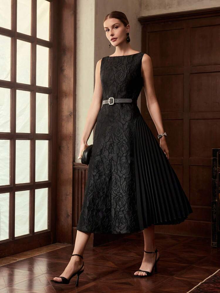 ZEYLAH Long Elegant Pleated Patchwork Sleeveless Crew Neck Dress