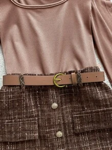 Franclia 1 套休闲通勤褶皱圆领长袖弹力针织上衣和系带格子裙，秋冬 - 棕色 - 查看 4