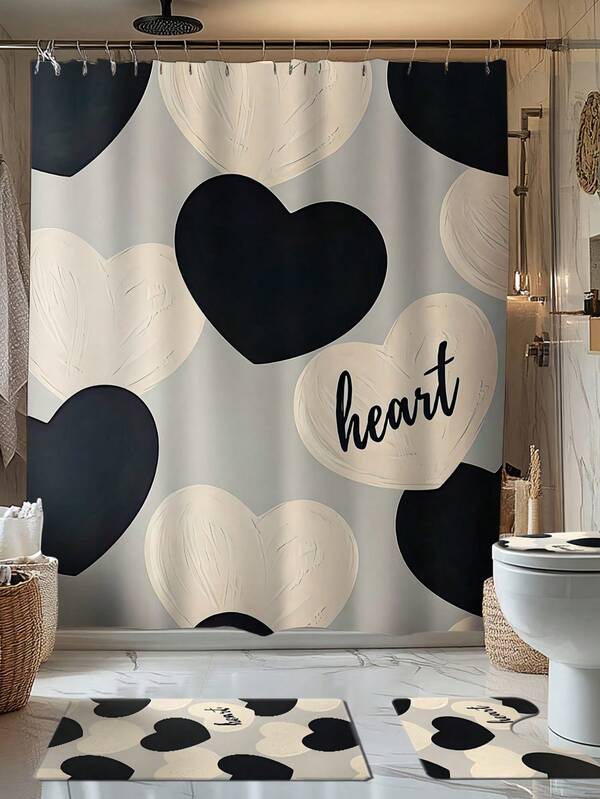 SHEIN 1/4Pcs Black And White Love Heart Theme Bathroom Shower Curtain Set, Bath Mat, U-Shaped Toilet Mat, Toilet Seat Cover, Waterproof Shower Curtain Bathroom Decoration, Fashionable Door Curtain Curtain Sunshade Curtain, Modern Style Bathroom Partition Curtain, No Drilling Required, Polyester, Machine Washable