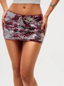 Aloruh Women's Shiny Sequin Mini Low Waist Bodycon Mesh Skirt, For Party & Evening Burgundy - Multicolor - View 3