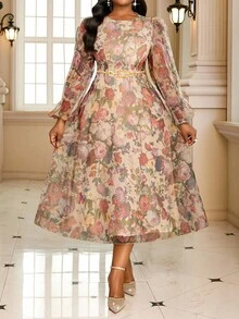 Fleurora 大码花卉印花圆领长袖连衣裙 - 彩色 - 查看 3