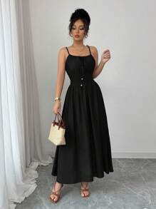 Elenzga 女式休闲万圣节舒适合身腰部无袖吊带连衣裙，春夏 - 黑色 - 查看 5