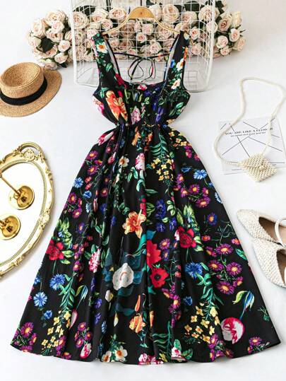 DreamSkyne Plus Size Women's Black Summer Boho Tea Party Holiday Dress,Floral Print Square Neck Sleeveless Backless Tie Waist A-Line Elegant Fashion