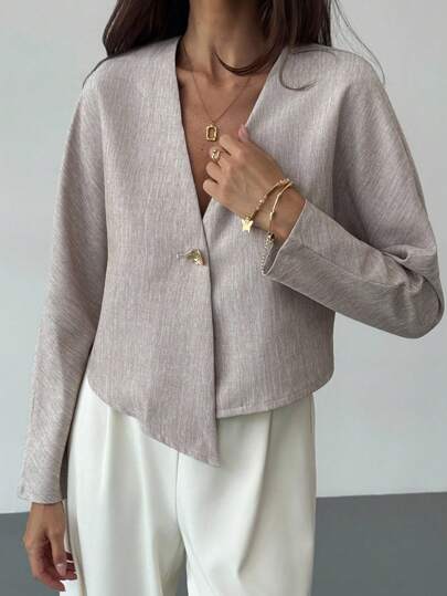 Aloruh 女士休闲通勤纯色不对称下摆衬衫