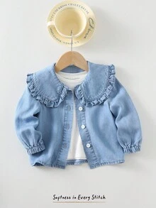 Cozy Pixies 女婴领口荷叶边长袖开衫，百搭舒适 - 藍色 - 查看 1