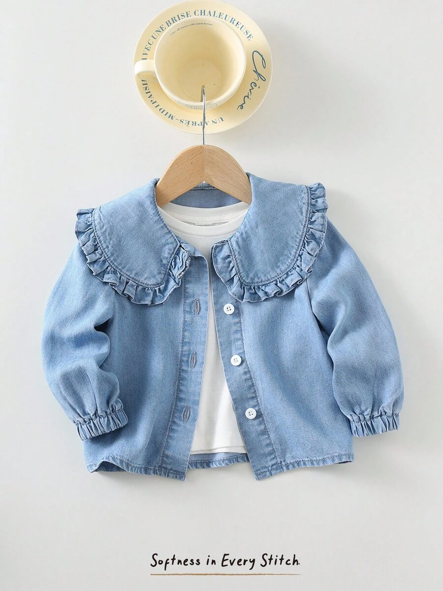 Cozy Pixies 女婴领口荷叶边长袖开衫，百搭舒适 - 藍色 - 查看 1