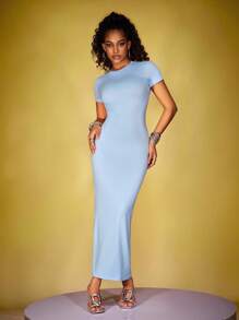 INAWLY Women's Casual Solid Color Slim Fit Extra Long Dress - Baby Blue - View 3
