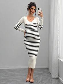SHEIN Pregnant Women's Casual V-Neck Striped Print Bodycon Sweater Dress