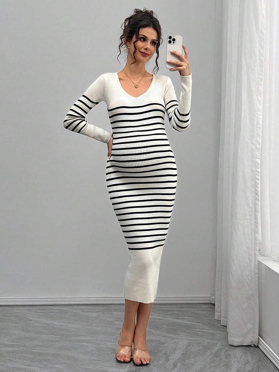 SHEIN Pregnant Women's Casual V-Neck Striped Print Bodycon Sweater Dress