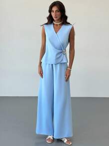 Aloruh Women's Summer Casual Commute Solid Color Wrap Vest And Pants 2 Pieces Set