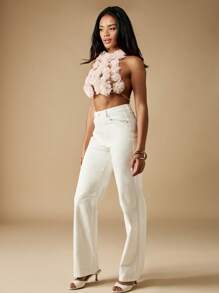 MISSGUIDED Floral Chain Halter Top Handmade Rose Applique Crop Top Festival Summer Party Wedding Guest Special Occasion Statement Piece