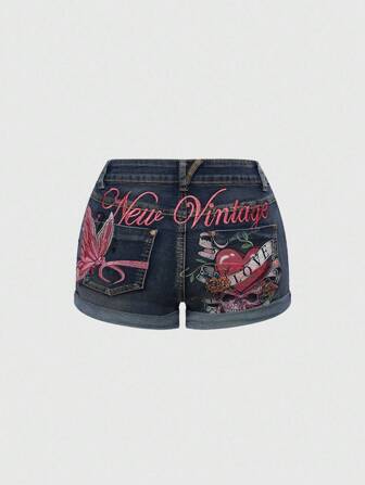 Fairycore Back To School Y2K Vintage Sexy Distressed Butterfly & Skull Embroidered Low Waist Denim Shorts For Plus Size Women, Back To School