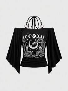ROMWE Goth Camiseta de talla grande con escote descubierto, estampado de serpiente y luna creciente en estilo gótico con adornos