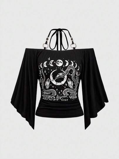 Goth Camiseta de talla grande con escote descubierto, estampado de serpiente y luna creciente en estilo gótico con adornos