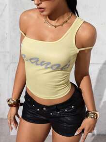 Jeanoix Summer Fashion Letter Print Asymmetric Collar Blouse