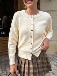 Jouncy Cárdigan casual de manga raglán de unicolor de moda - Blanco - Ver 6