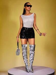 INAWLY Nightclub Fashion Rhinestone Net Boat Neck Bodycon Tank Top For Women - Grey - View 3