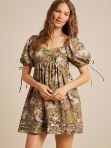 WESTFADE 花卉印花 100% 纯棉府绸甜心领蝴蝶结泡泡袖迷你娃娃裙秋季返校服装乡村音乐会服装 - 彩色 - 查看 3