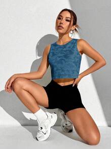 Easithlete Leopard Burnout Twist-Back Sports White Tank Topworkout Tank Top - Dusty Blue - View 3