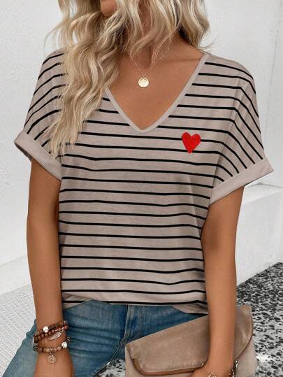 SHEIN Women's V-Neck Short Sleeve Loose Striped Heart Pattern T-Shirt, Best Seller