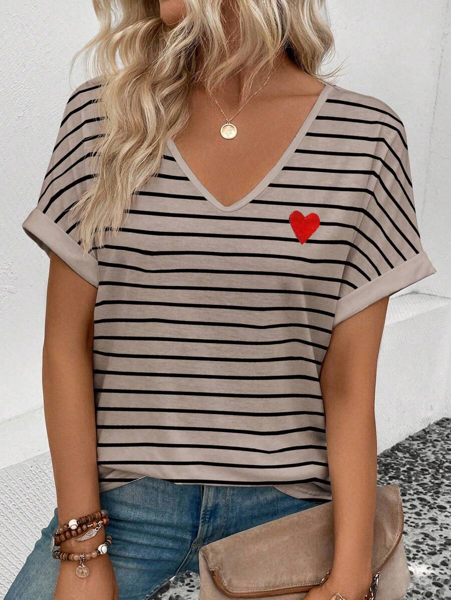 SHEIN Women's V-Neck Short Sleeve Loose Striped Heart Pattern T-Shirt, Best Seller - Multicolor - View 1