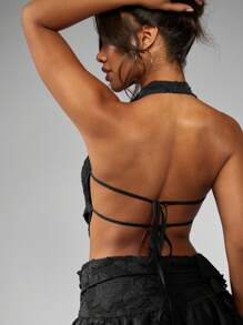 MISSGUIDED Áo kiểu Devore Chiffon sang trọng cổ đổ, yếm, thích hợp cho tiệc tối, câu lạc bộ, đêm, hở lưng, xếp nếp, thanh lịch, quyến rũ, lễ hội, kỳ nghỉ hè. Một món đồ nổi bật tạo điểm nhấn cho trang phục. - màu đen - Xem 6