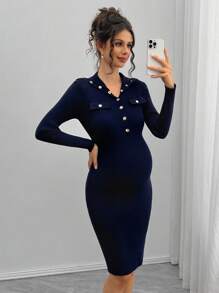 Momance Solid Color Button-Up Fitted Maternity Dress, Long Sleeve Dress - Blue - View 4