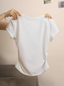 INAWLY Áo thun nữ cổ tròn, ôm eo, thoải mái cho mùa hè - trắng - Xem 2