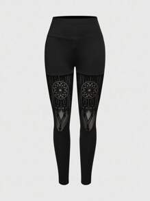 ROMWE Goth Goth Castle Cutout Patchwork Women Plus Size Skinny Stretchy Leggings