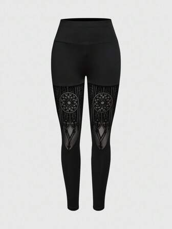 Goth Goth Castle Cutout Patchwork Women Plus Size Skinny Stretchy Leggings