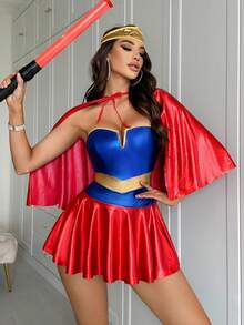 3 件套女超人深 V 人造皮革连衣裙 + 头饰 + 斗篷，修身拼接女式服装 - 彩色 - 查看 2