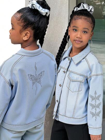 Tween Girl Y2K Butterfly Embroidered Distressed Denim Jacket,Light Blue,Autumn,Streetwear,School,Back-To-School Casual Medium Wash Urban Fashion Coat
