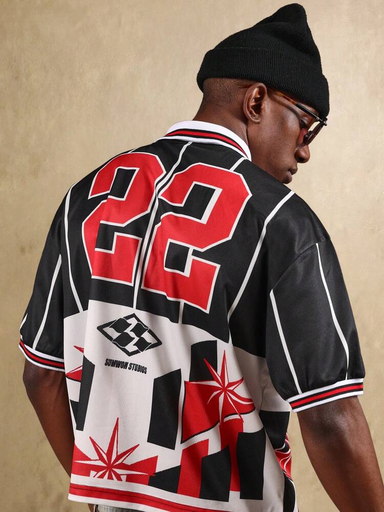 Geometric Pattern Polo Shirt With Racing Number Design