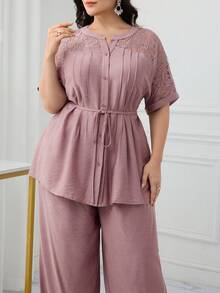 Modelyn Plus Size Women's Contrast Lace Short Sleeve Button Up Top And Pants Arabian Style Suit