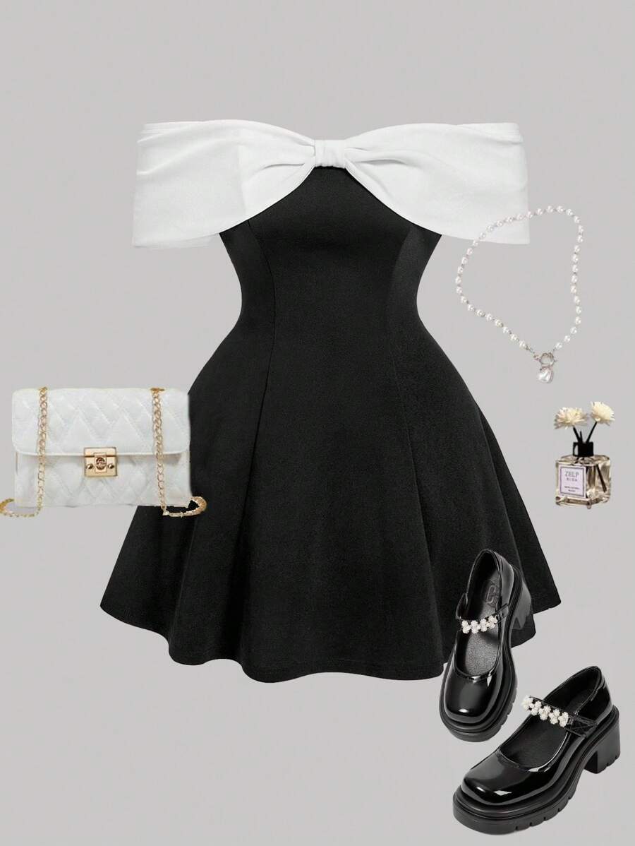 SHEIN MOD Plus Size Retro Elegant Black And White Contrast Color Knitted Mini Dress, Front Button Apricot Bow Patchwork, Stretchy Off-Shoulder Summer Party - Black and White - View 1