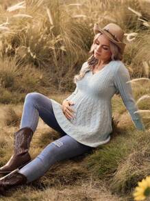 SHEIN Pull de maternité à manches longues en tricot câblé froncé de couleur unie - Gris - Voir 9