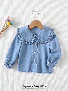 Cozy Pixies 女婴领口荷叶边长袖开衫，百搭舒适 - 藍色 - 查看 3