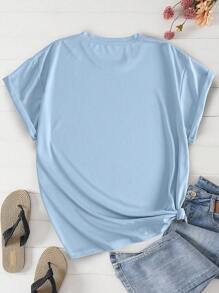 INAWLY 大码女式夏季短袖圆领休闲 T 恤，字母印花图案 T 恤女式上衣 - 淺藍色 - 查看 2