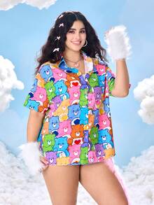 SHEIN X Care Bears 大码卡通熊印花纽扣前短袖衬衫